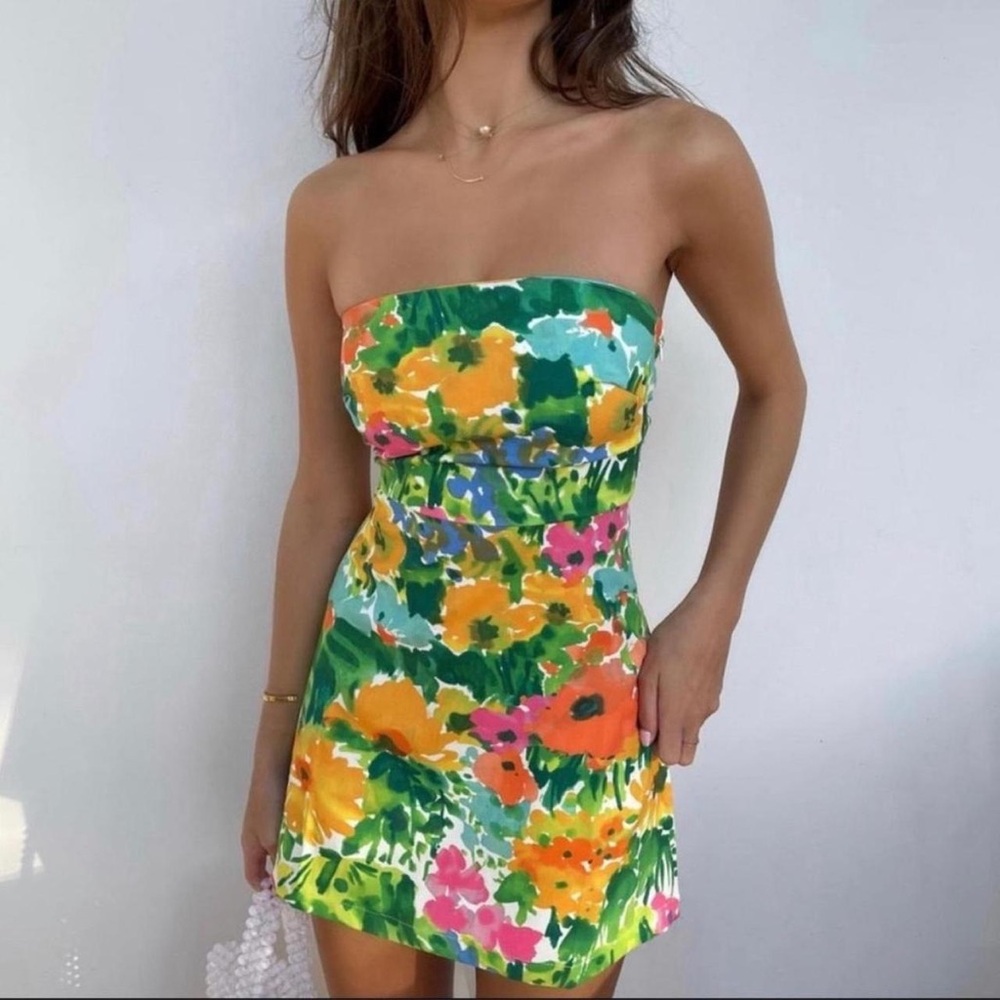 With Jean Lala Floral Mini Dress in Green, Yellow & Pink Strapless Medium